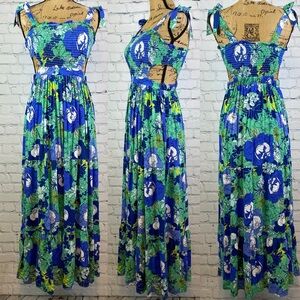 Japna Blue Floral Print Elastic Bodice Side Cutouts Tier Maxi